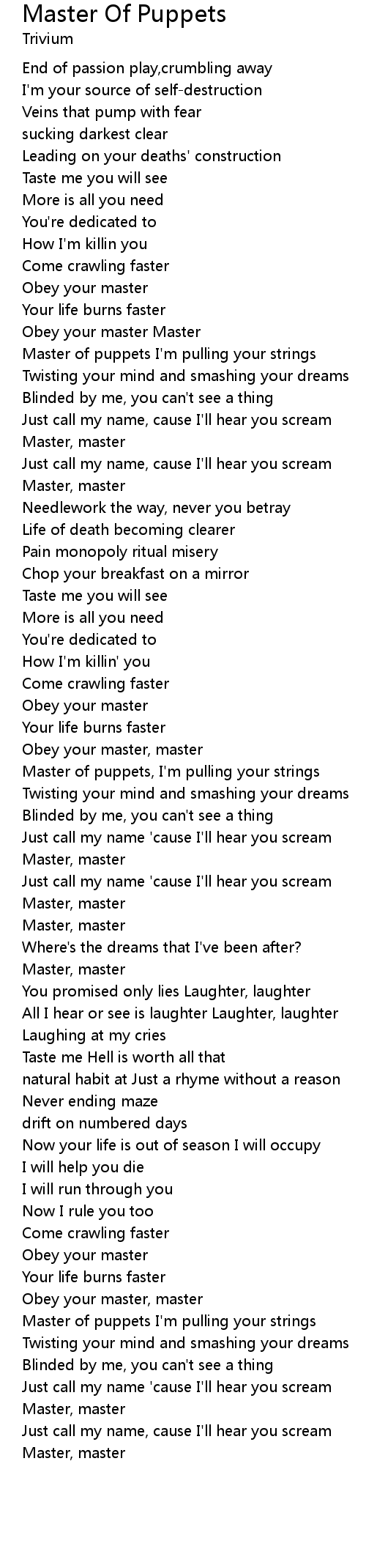 Master Of Puppets Lyrics Follow Lyrics