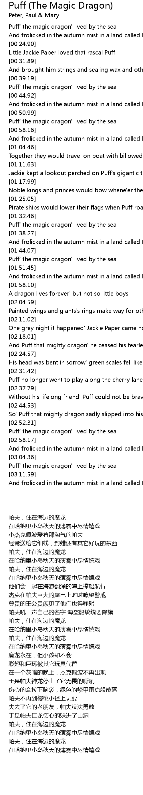 Puff The Magic Dragon Lyrics Follow Lyrics