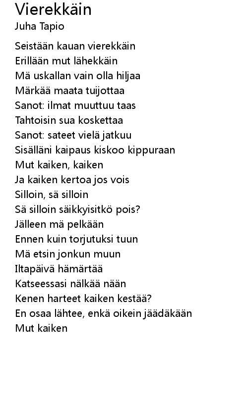 Vierekkäin Vierekk in Lyrics - Follow Lyrics