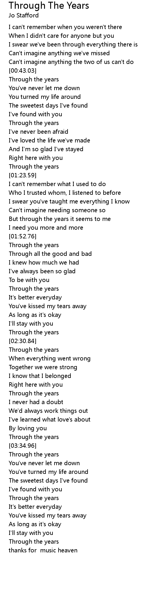 Through The Years Lyrics Follow Lyrics