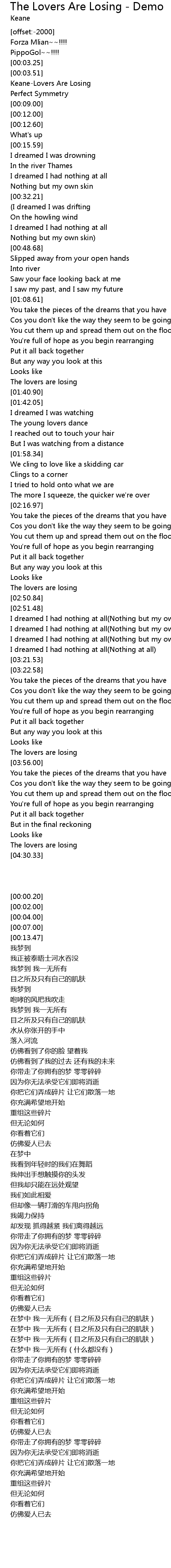 The Lovers Are Losing - Demo Lyrics