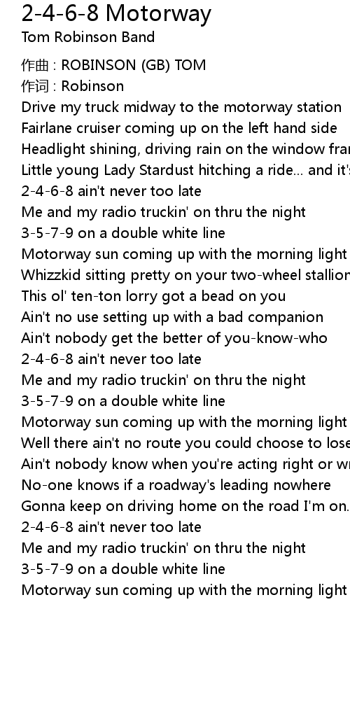 2 4 6 8 motorway lyrics meaning