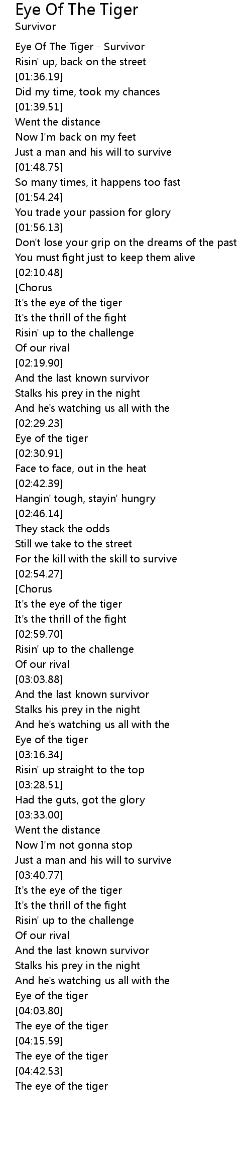 Eye of the Tiger - Survivor (lyrics), Rising up, back on th…