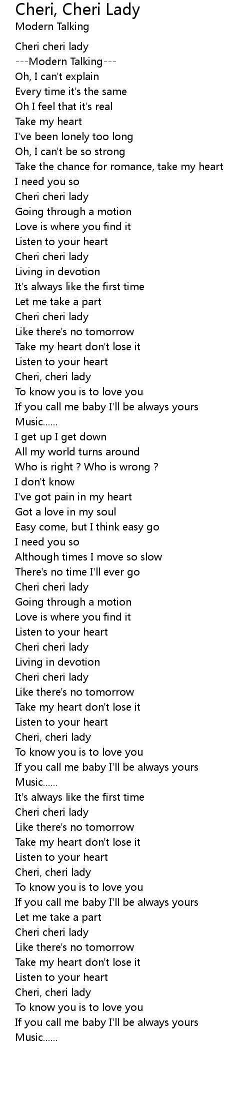 Cheri, Cheri Lady Lyrics - Follow Lyrics