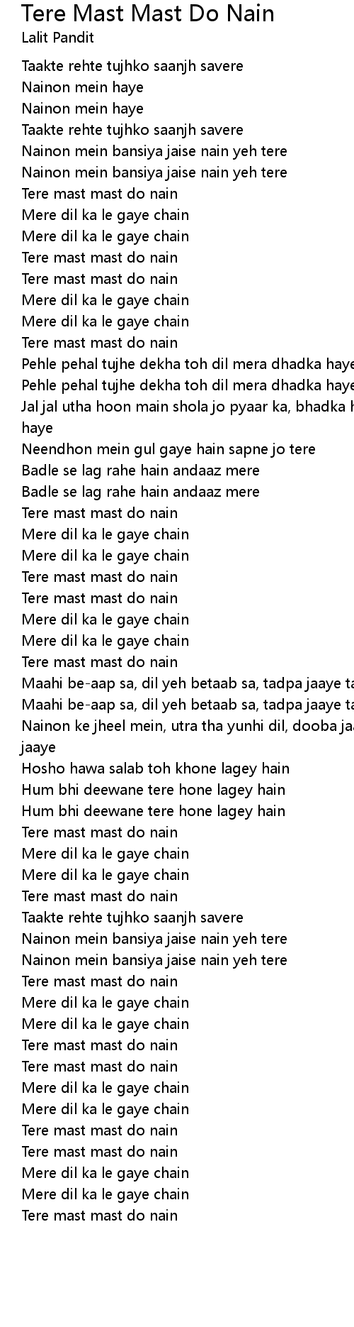 Tere Mast Mast Do Nain Lyrics Follow Lyrics tere mast mast do nain lyrics follow