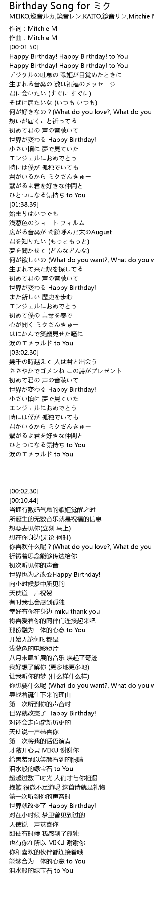 Birthday Song For ミク Birthday Song For Lyrics Follow Lyrics