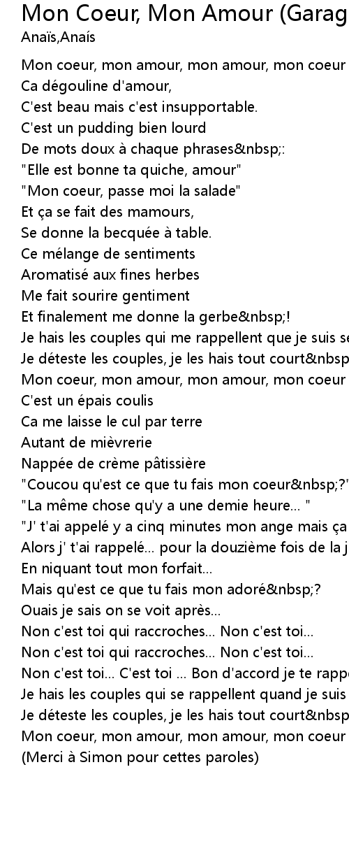 Mon Coeur Mon Amour Garage Mix Lyrics Follow Lyrics